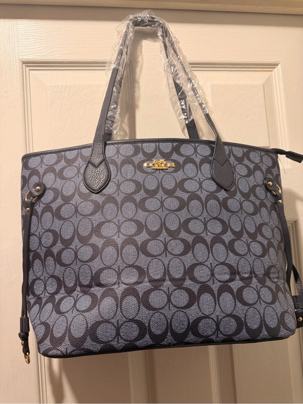 C Blue and Gray Signature Tote with Gold Hardware